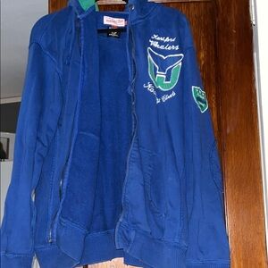 Mitchell & Ness Blue Zip-Up Jacket with Sporty Emblems ( zipper is broken )